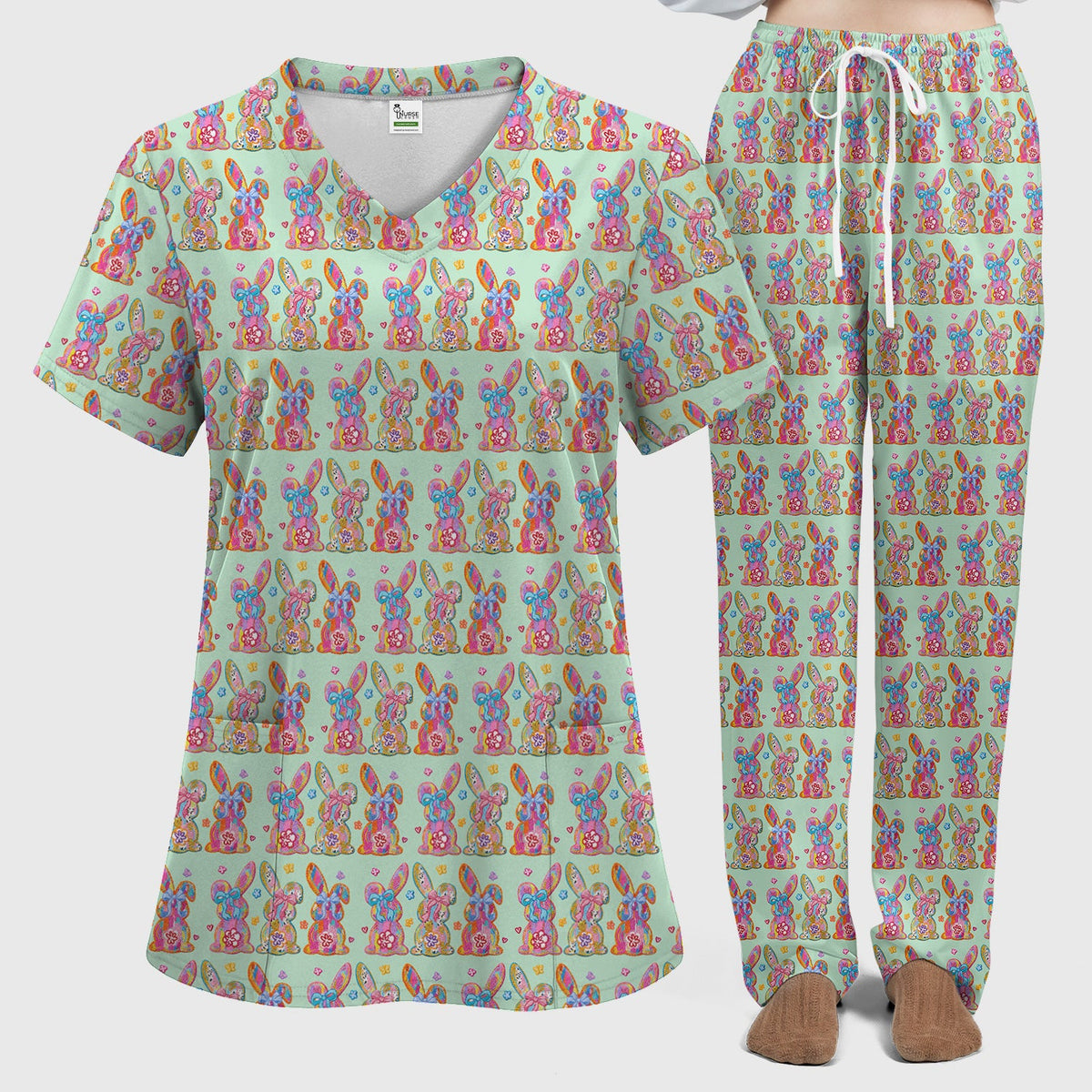 Pastel Bunny Floral Nurse Scrub Set