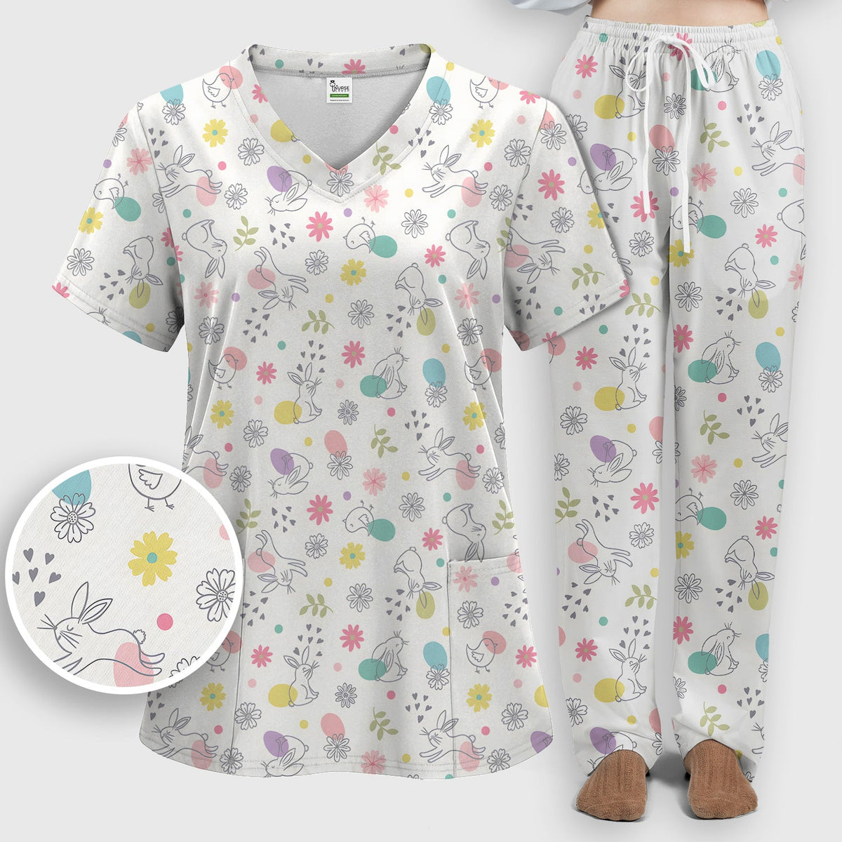 Whimsical Easter Bunny Eggs Nurse Scrub Set