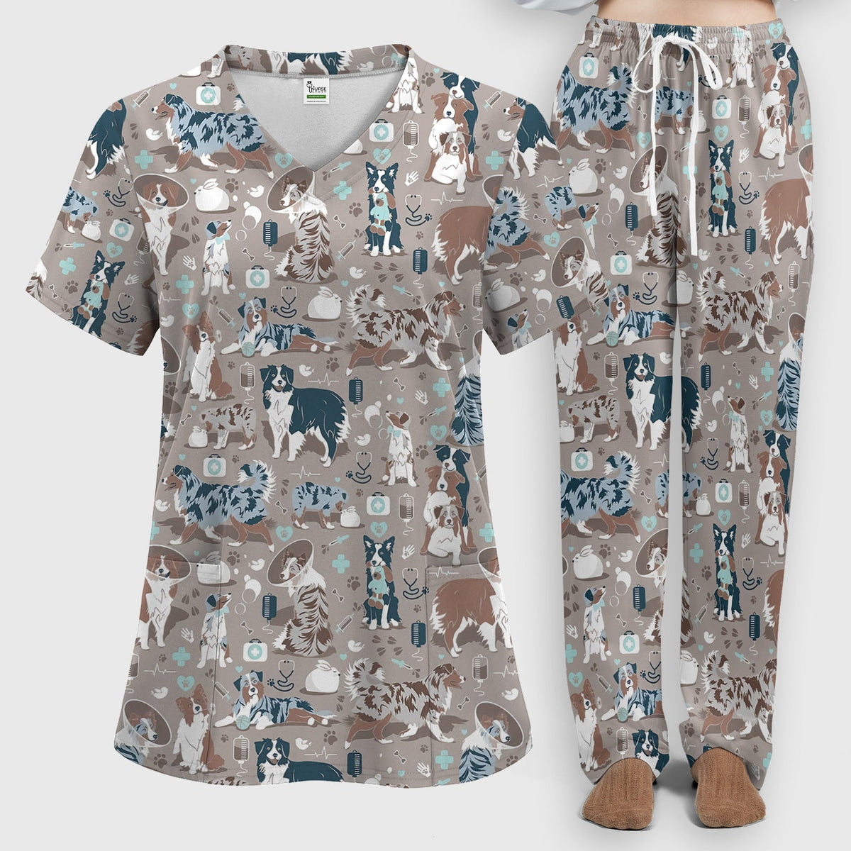 Cute Dog Pattern Women's Veterinary Scrub Set, Scrub Pants and V Neck Top