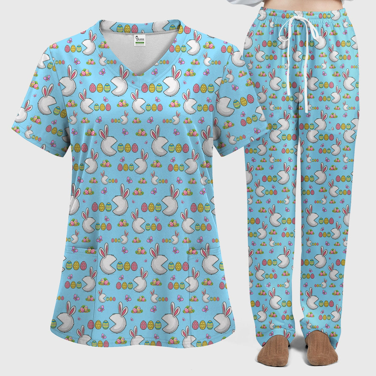 Bunny Colorful Eggs Nurse Scrub Set - Easter Gift