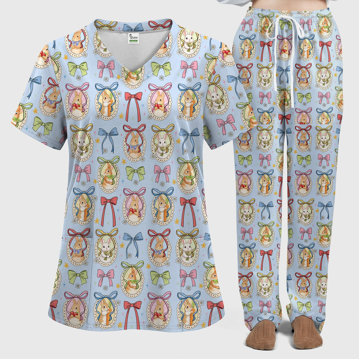 Bunny Cameo Bow Nurse Scrub Set - Easter Gift