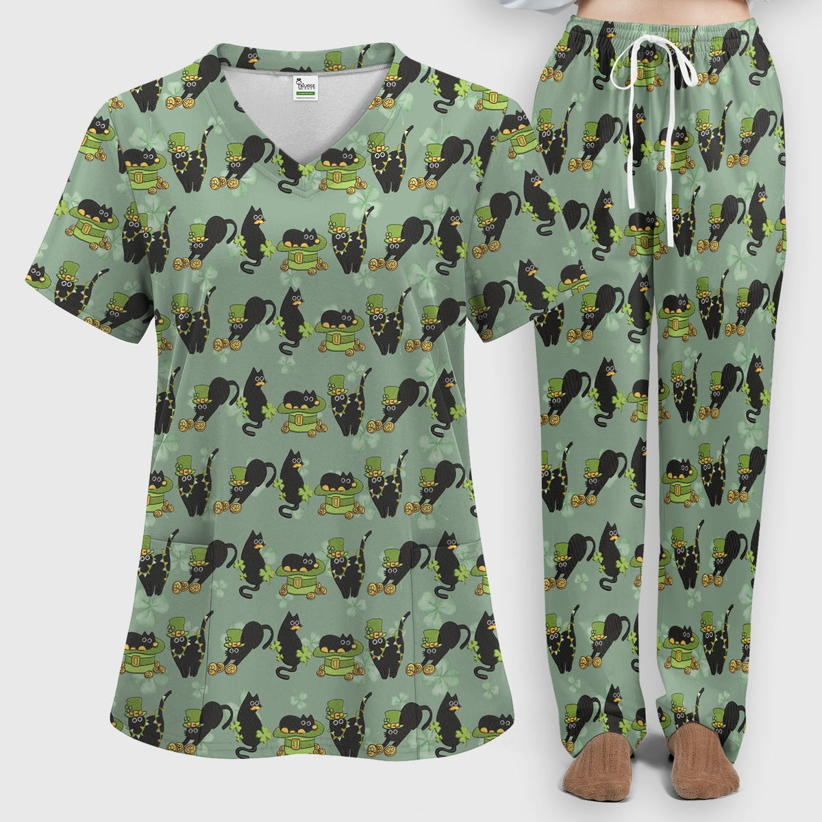 St Patrick Black Cat Clover Nurse Scrub Set