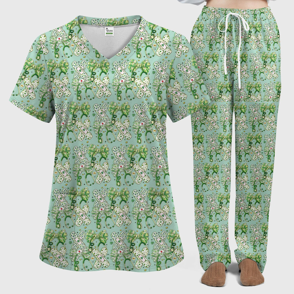 St Patrick Shamrock Stethoscope Nurse Scrub Set