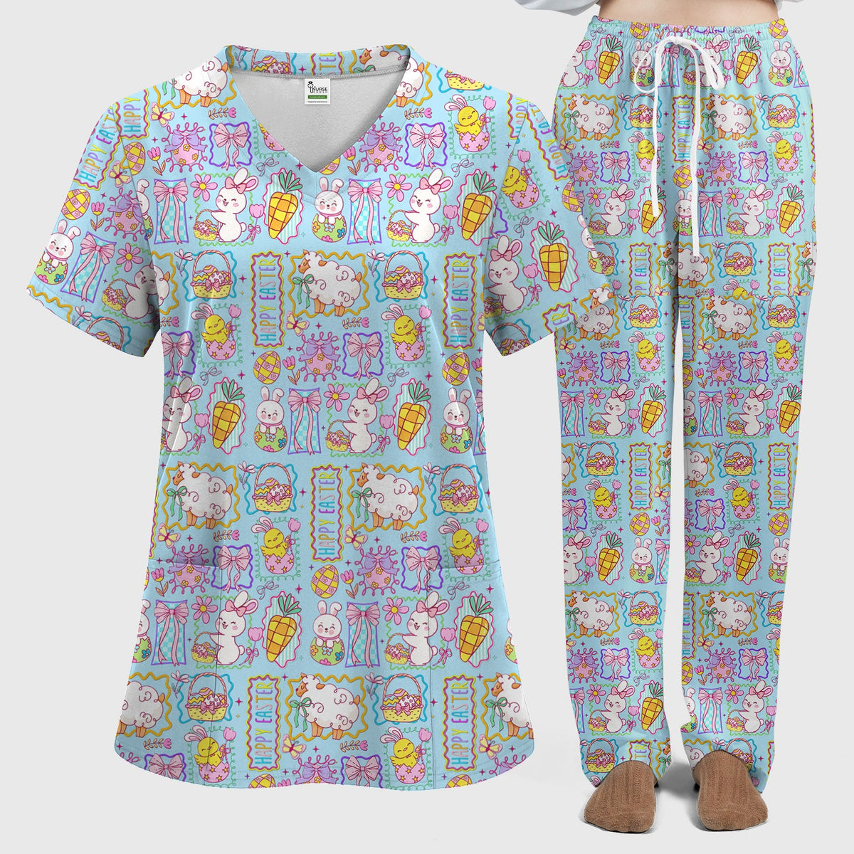 Cute Easter Bunny Egg and Bow Print Scrub Set, Scrub Pants and V Neck Top