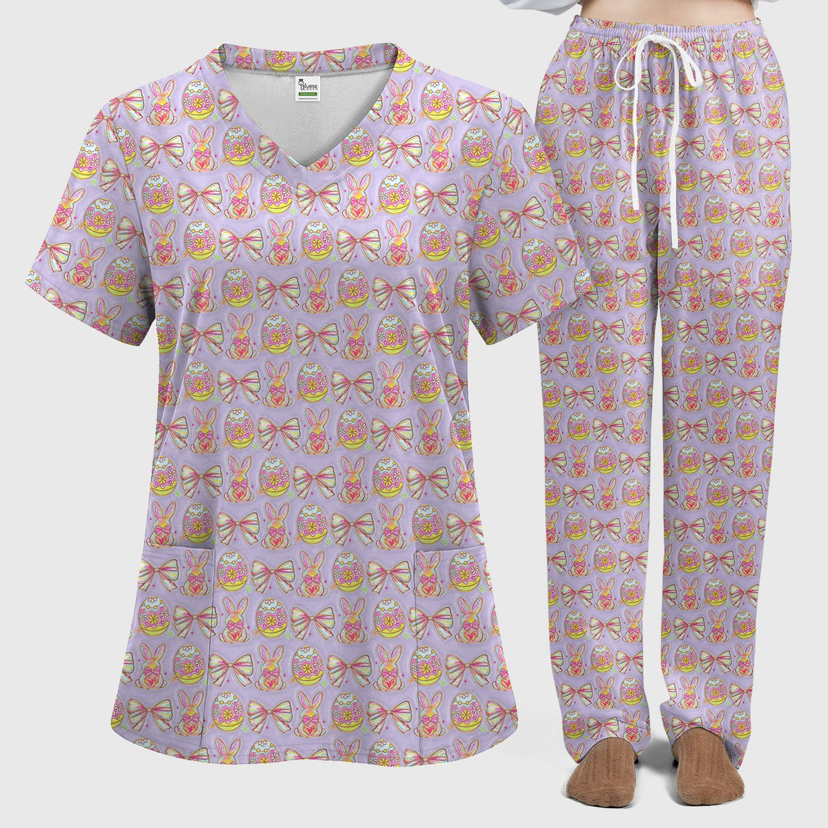 Bunny Pastel Egg Bow Nurse Scrub Set - Easter Gift