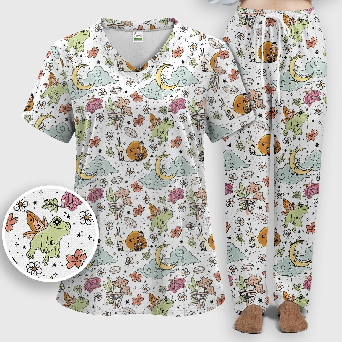 Whimsical Frog Moon Mushroom Nurse Scrub Set
