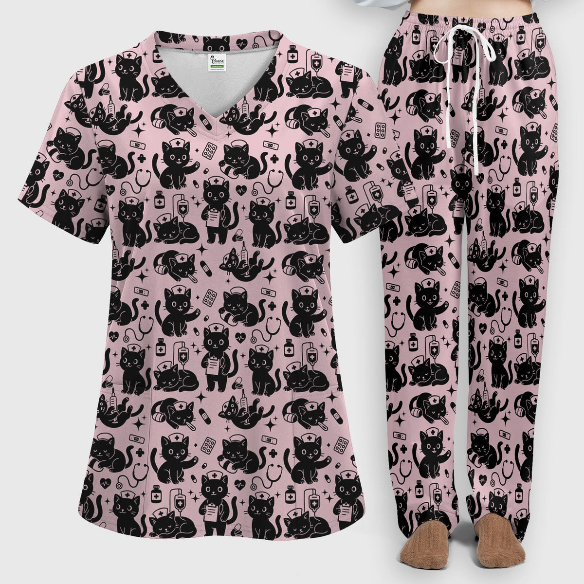 Cute White Black Cat Nurse Scrub Set