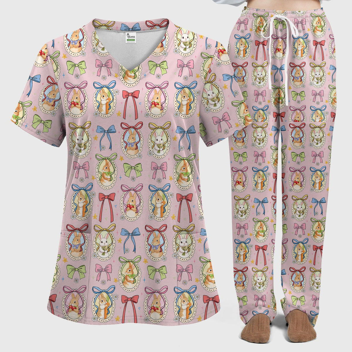 Bunny Cameo Bow Nurse Scrub Set - Easter Gift