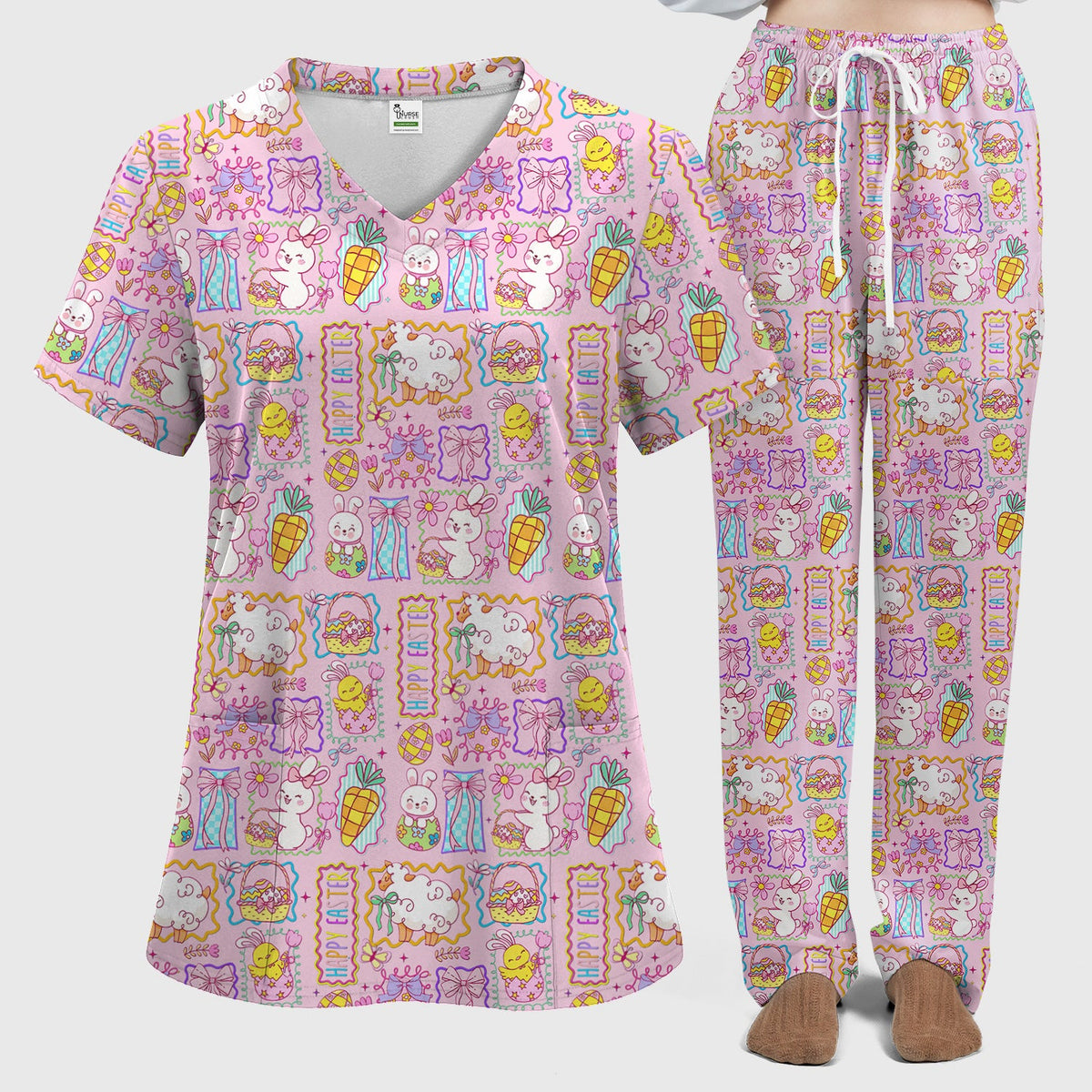 Cute Easter Bunny Egg and Bow Print Scrub Set, Scrub Pants and V Neck Top