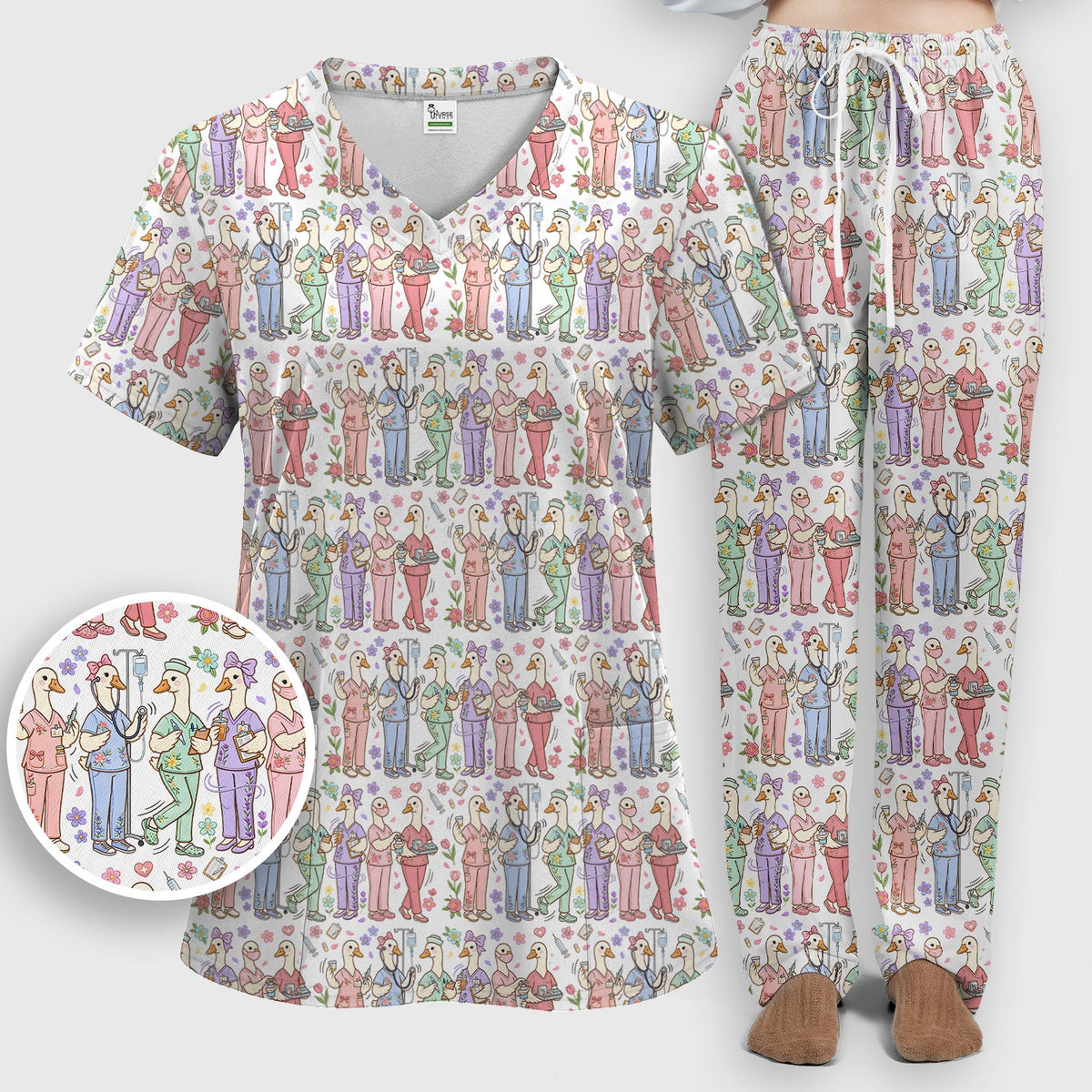 Goose Characters Floral Nurse Scrub Set