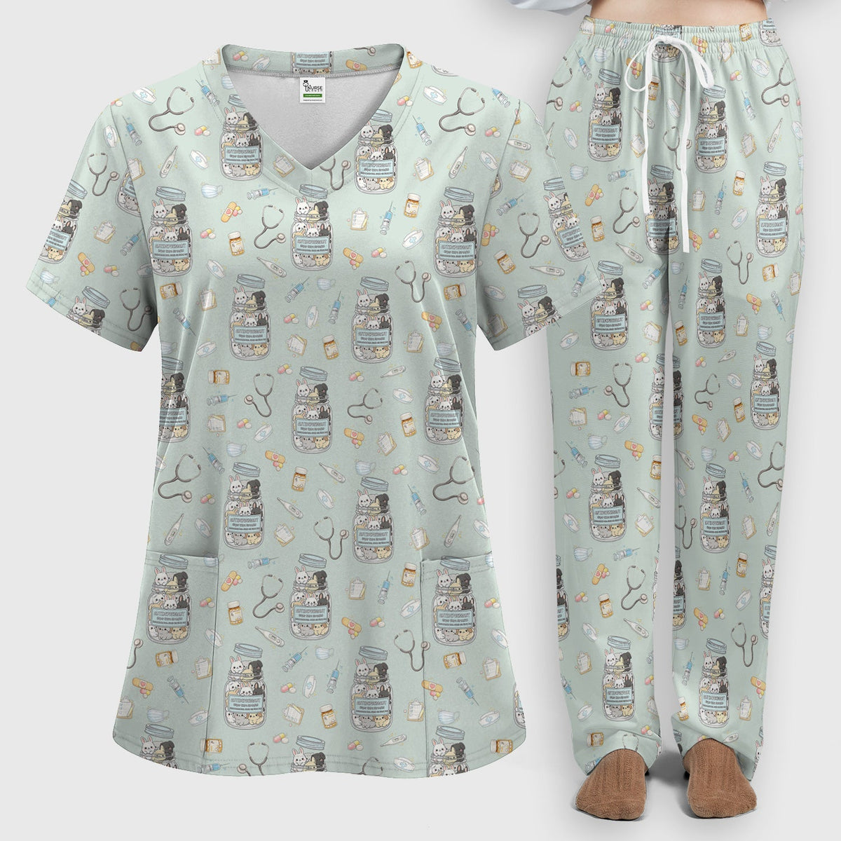Whimsical Antidepressant Rabbit Jar Nurse Scrub Set