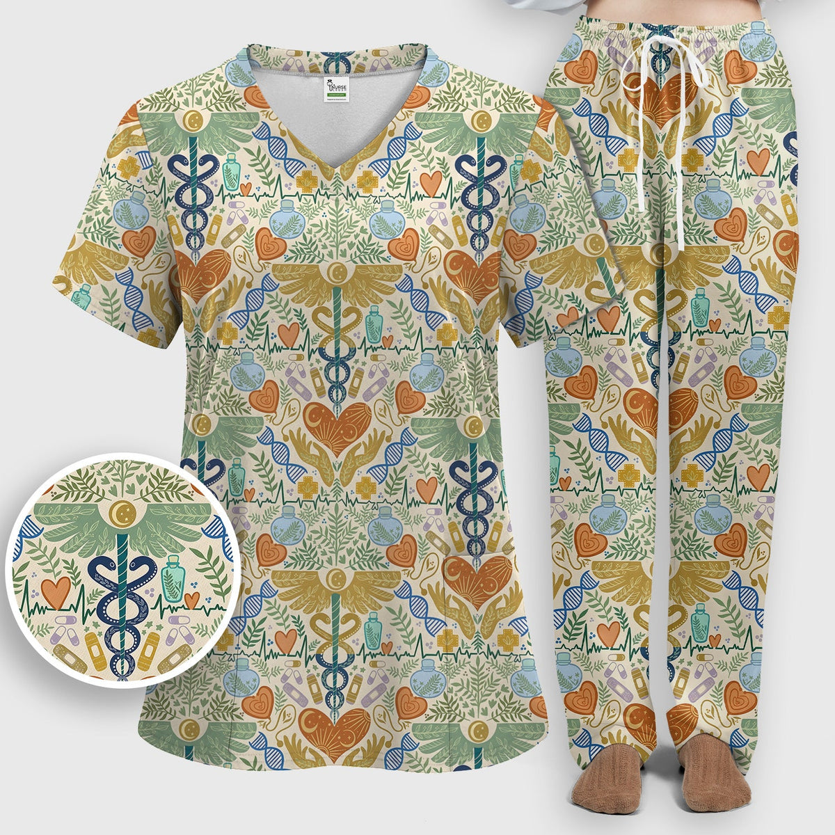 Botanical Caduceus Heart Nurse Scrub Set