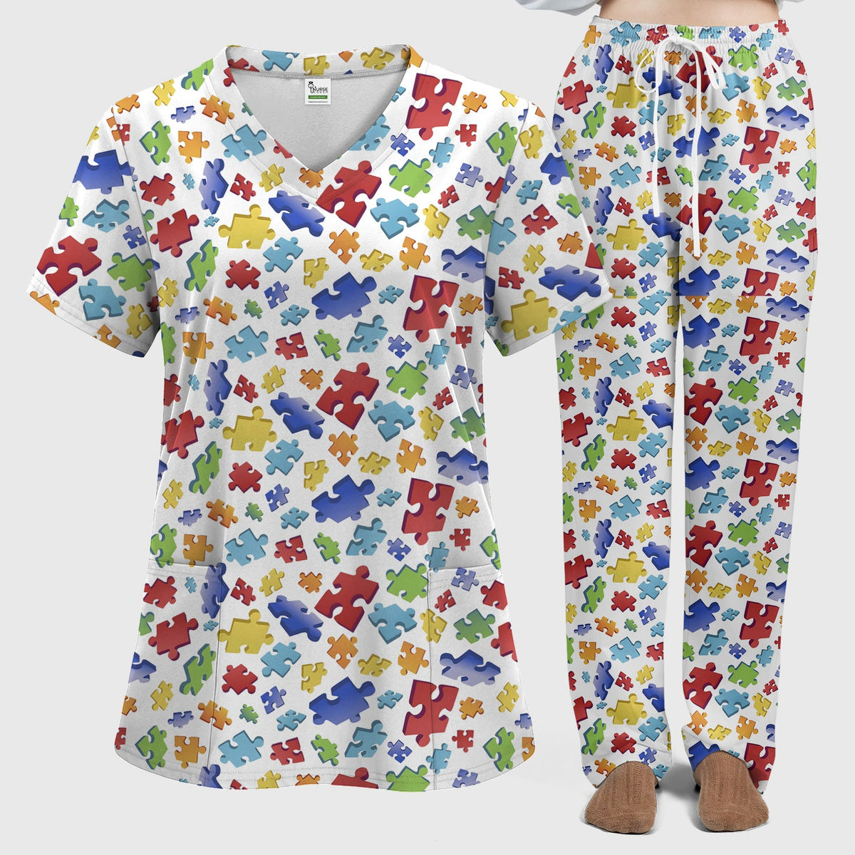 Colorful Scattered Puzzle Piece Nurse Scrub Set