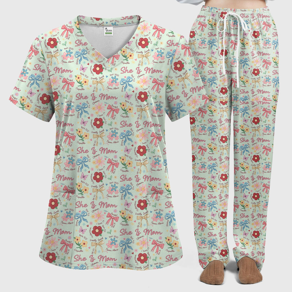 She Is Mom Flower Bow Nurse Scrub Set