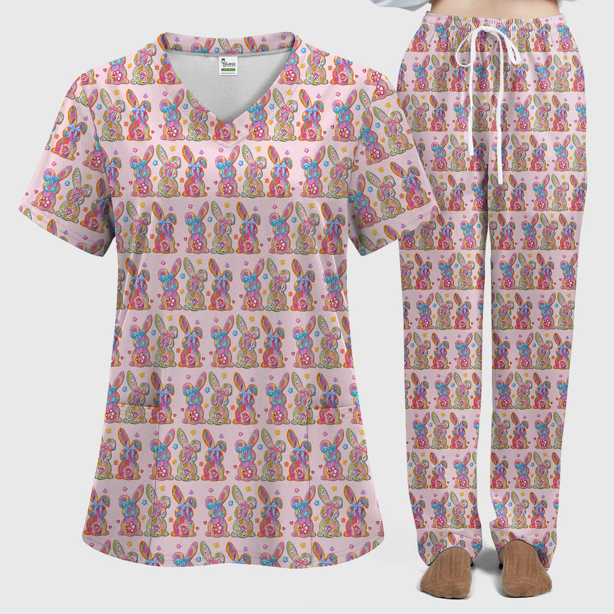 Pastel Bunny Floral Nurse Scrub Set