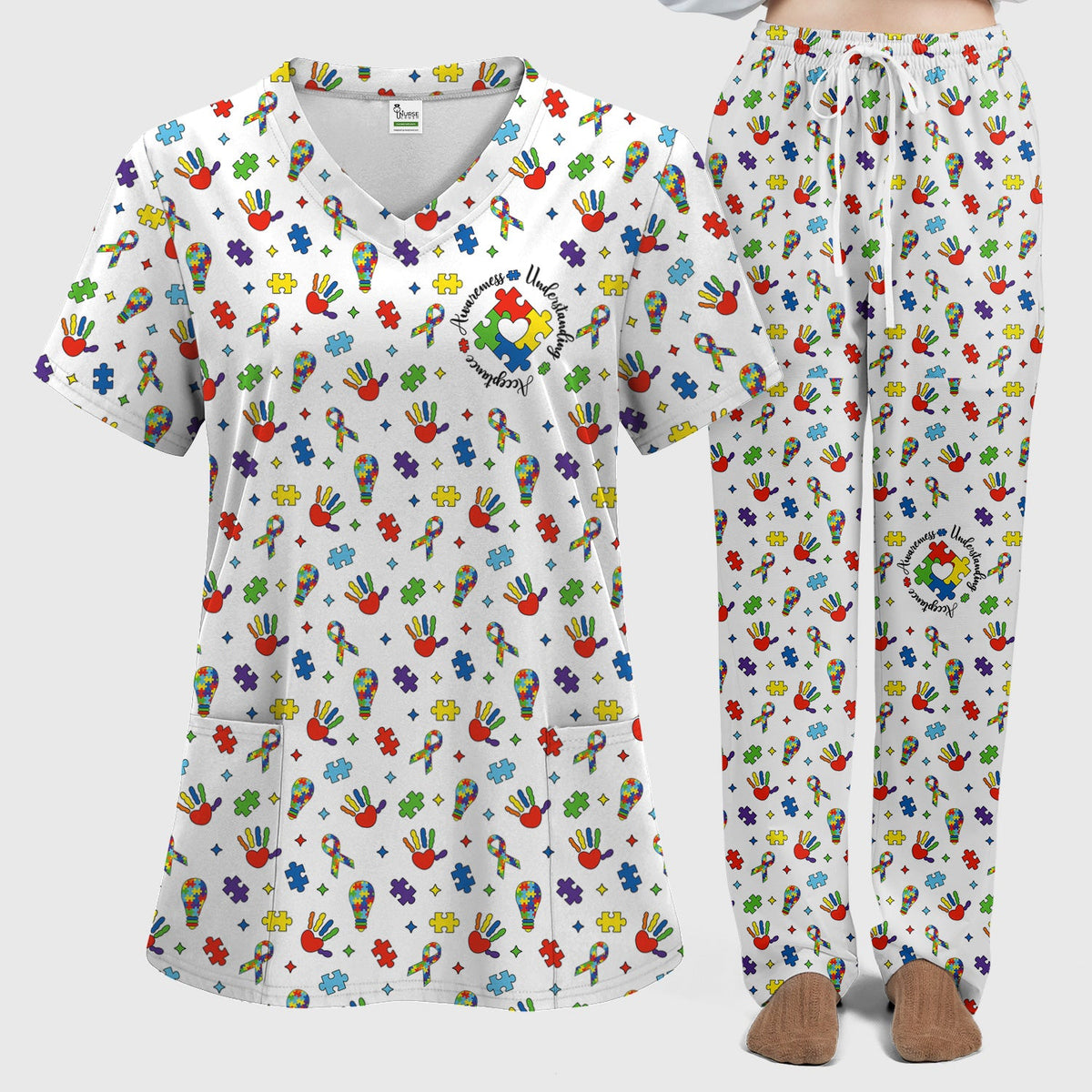 Autism Awareness Colorful Puzzle Nurse Scrub Set