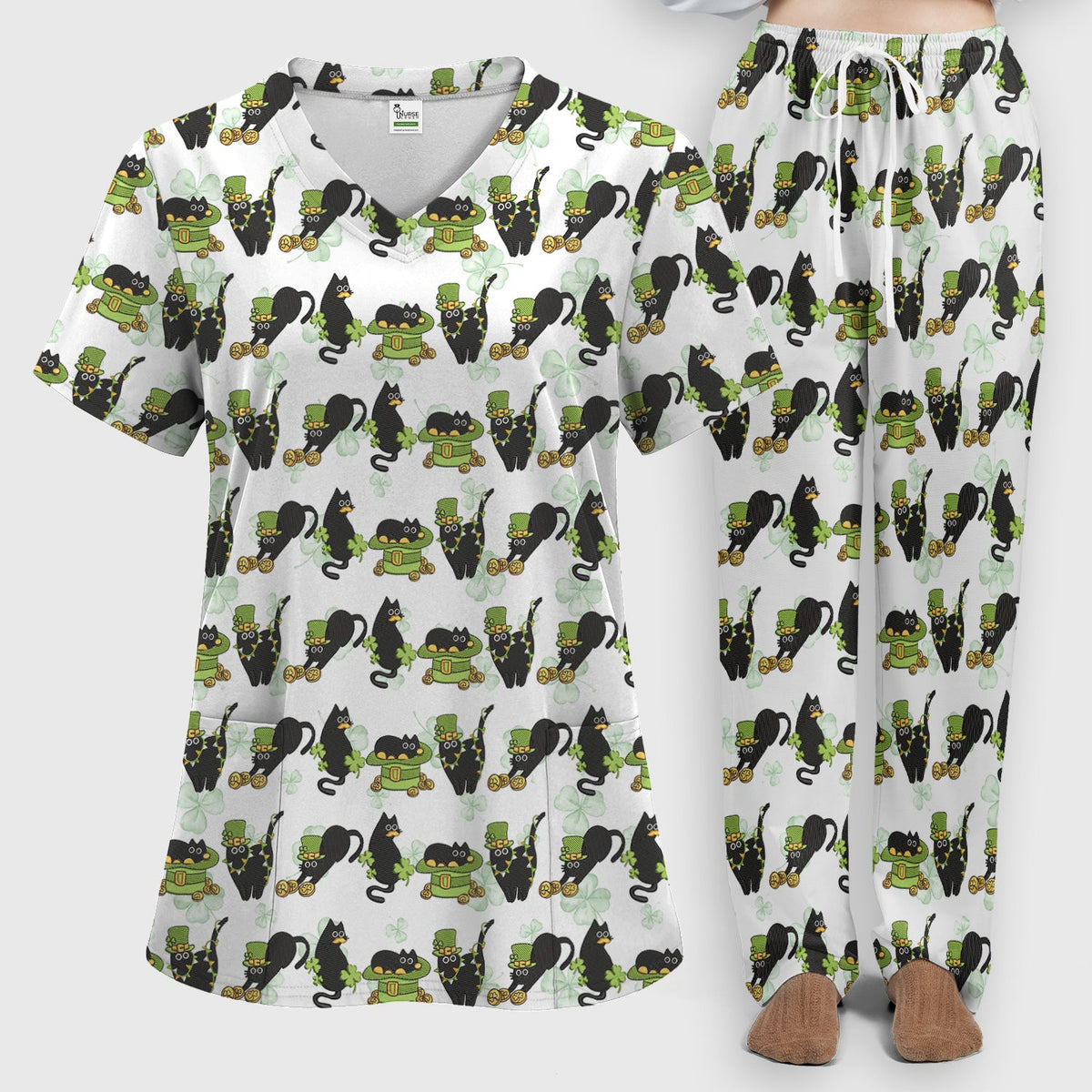 St Patrick Black Cat Clover Nurse Scrub Set