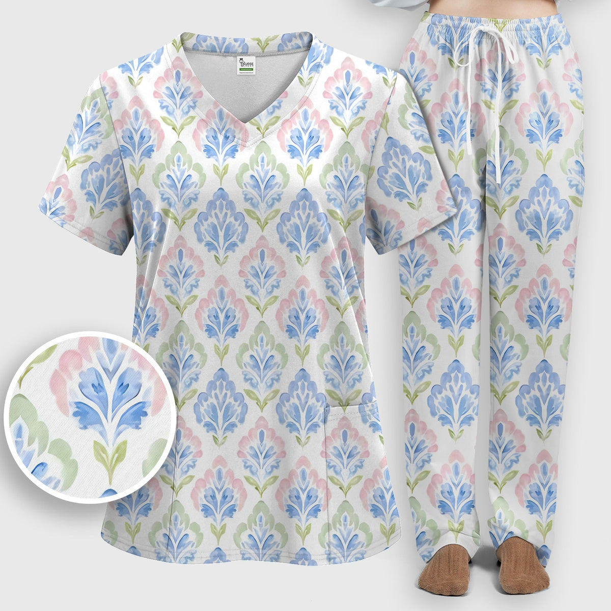 Blue Floral Damask Nurse Scrub Set