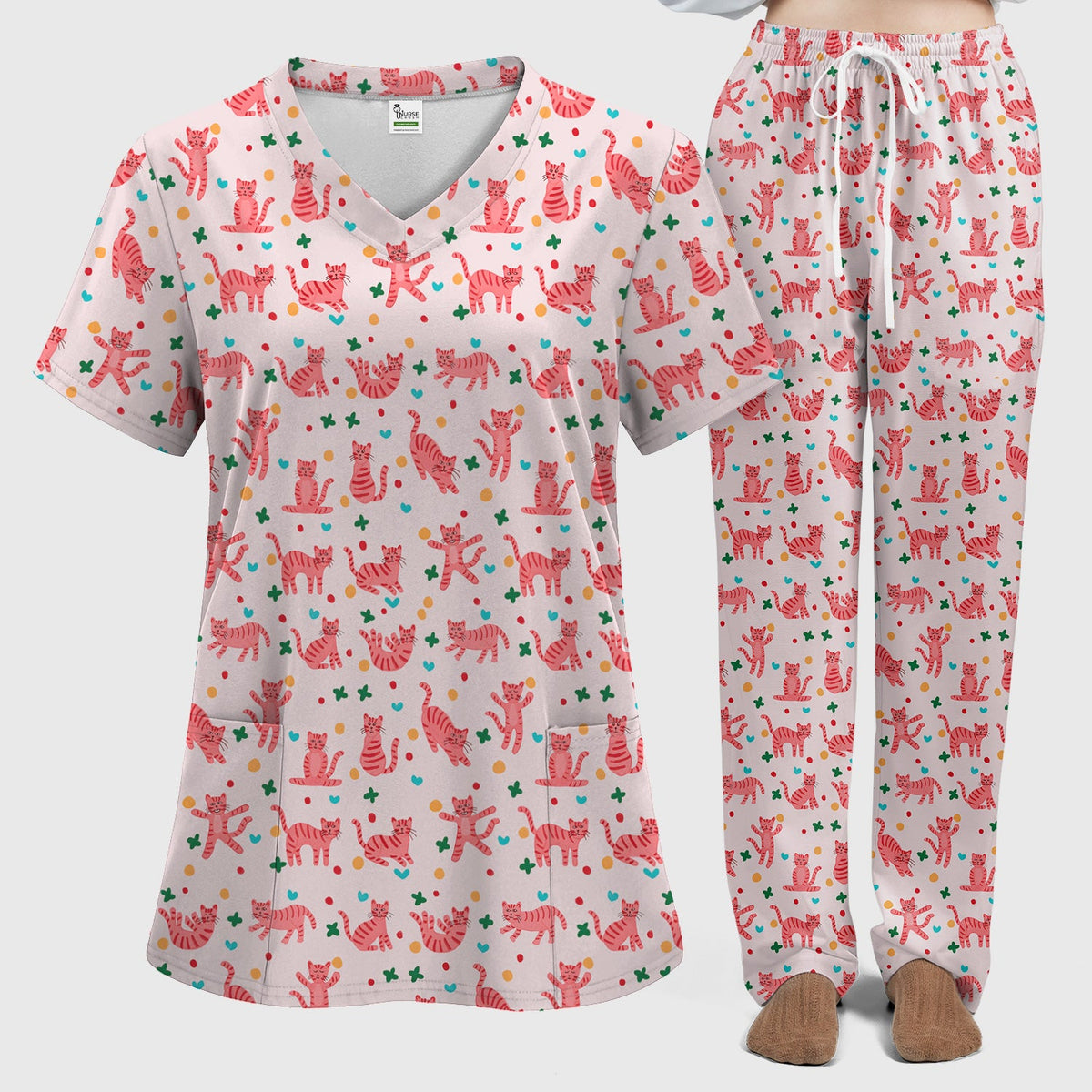 Pink Cat Nurse Scrub Set