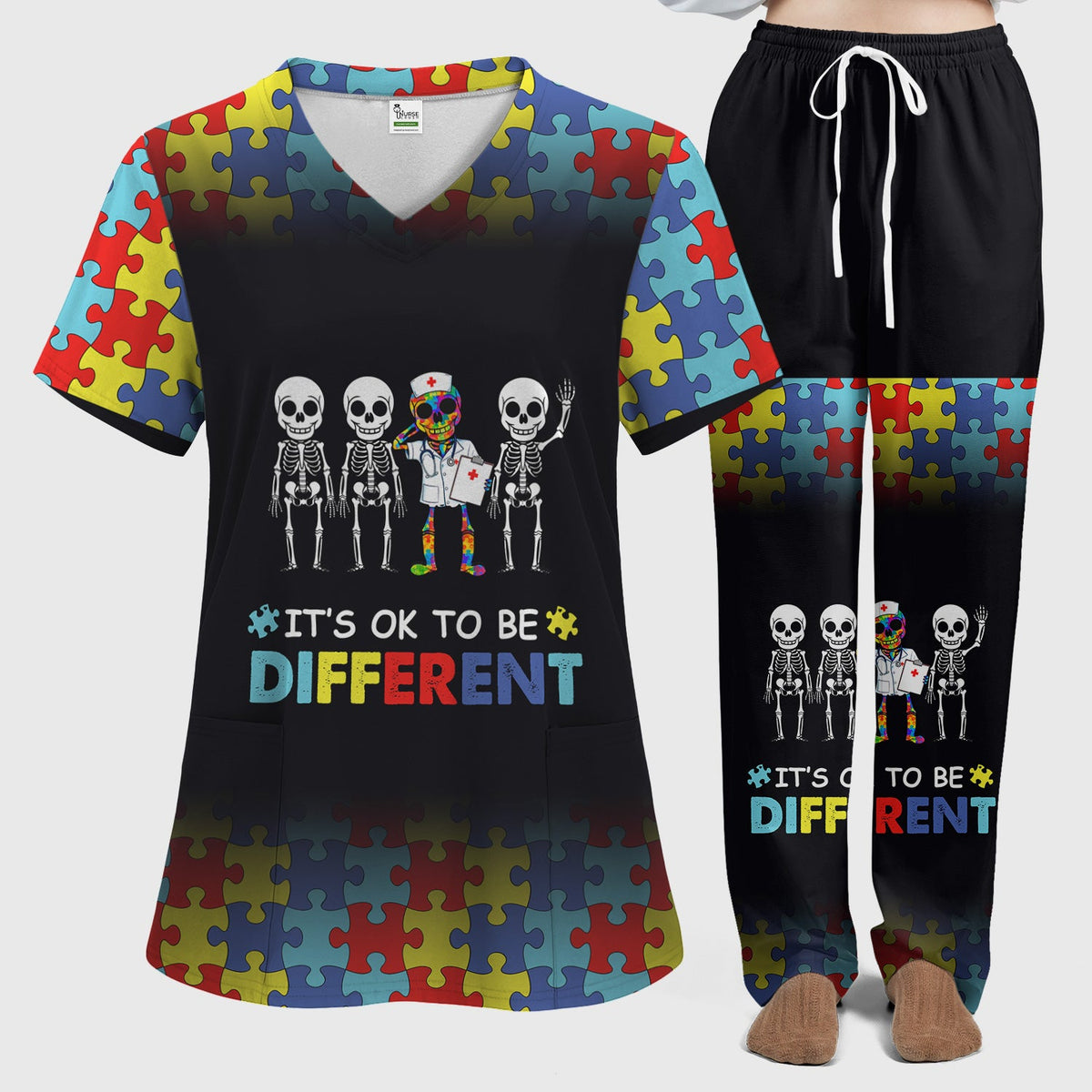 Autism Puzzle Skeleton It's OK To Be Different Nurse Scrub Set
