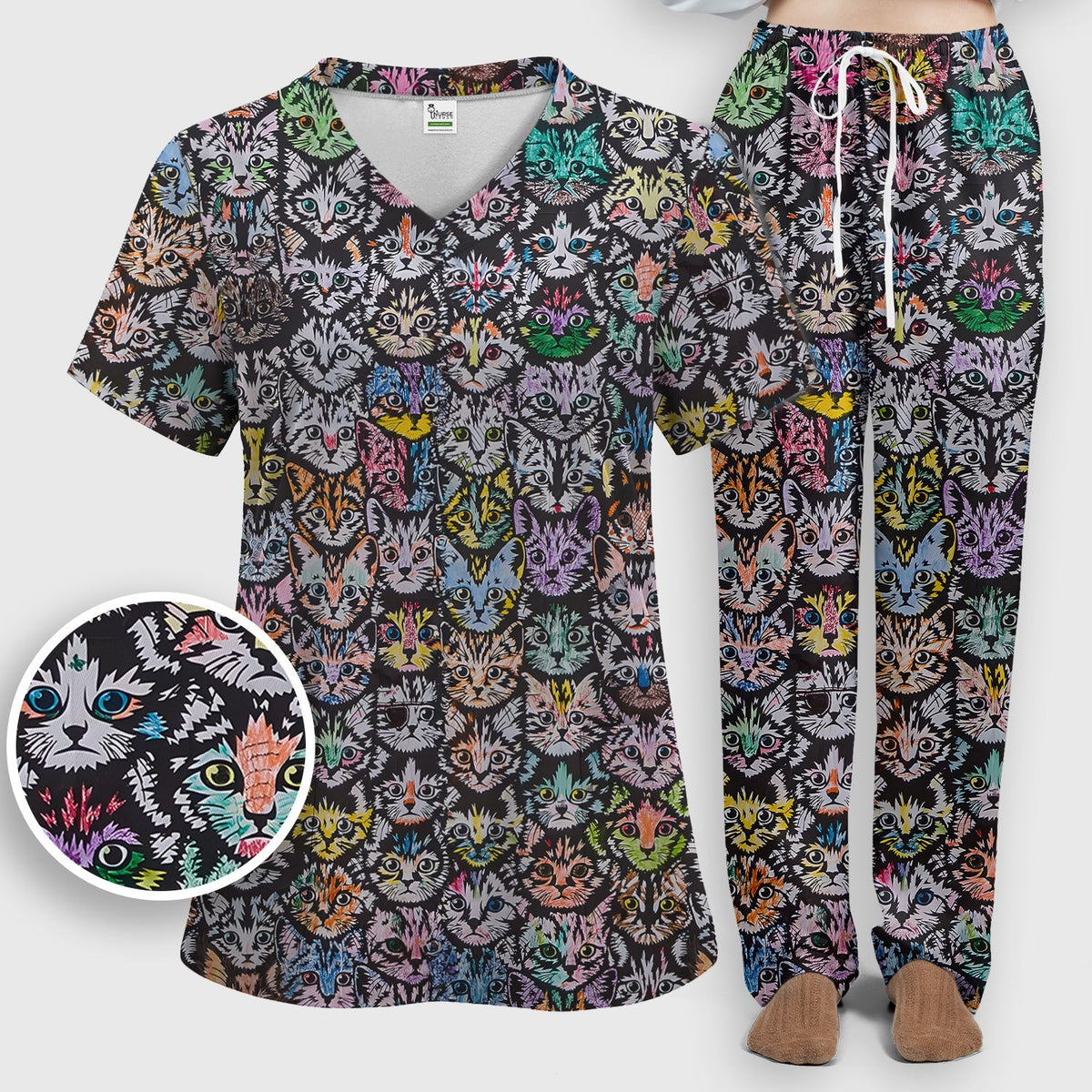 Colorful Cat Faces Nurse Scrub Set