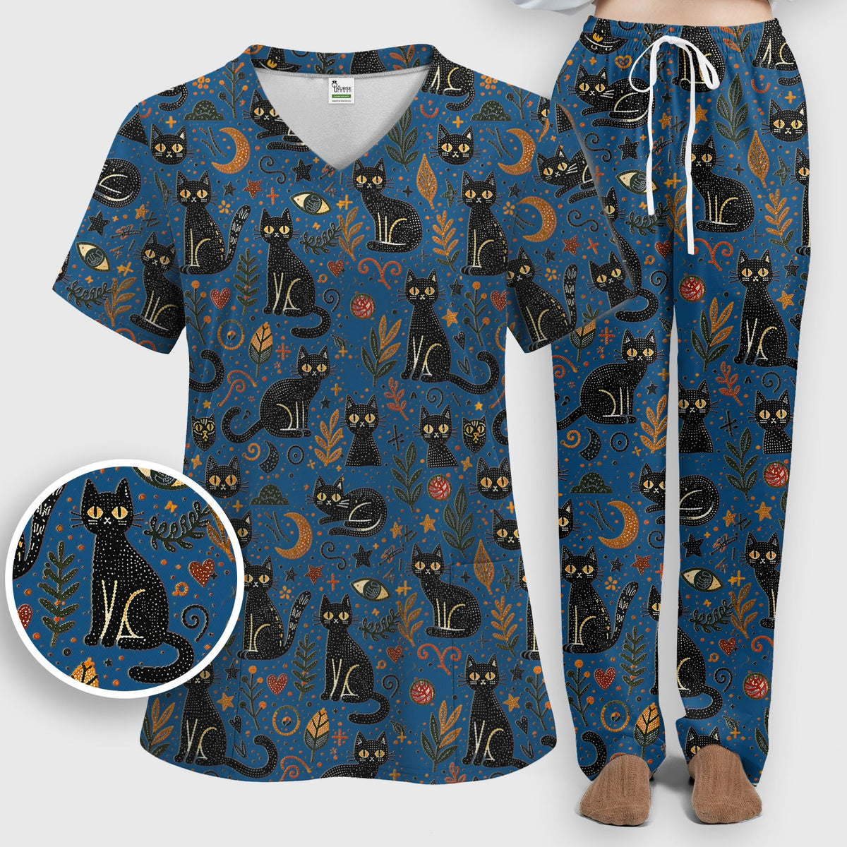 Mystic Black Cat Celestial Nurse Scrub Set