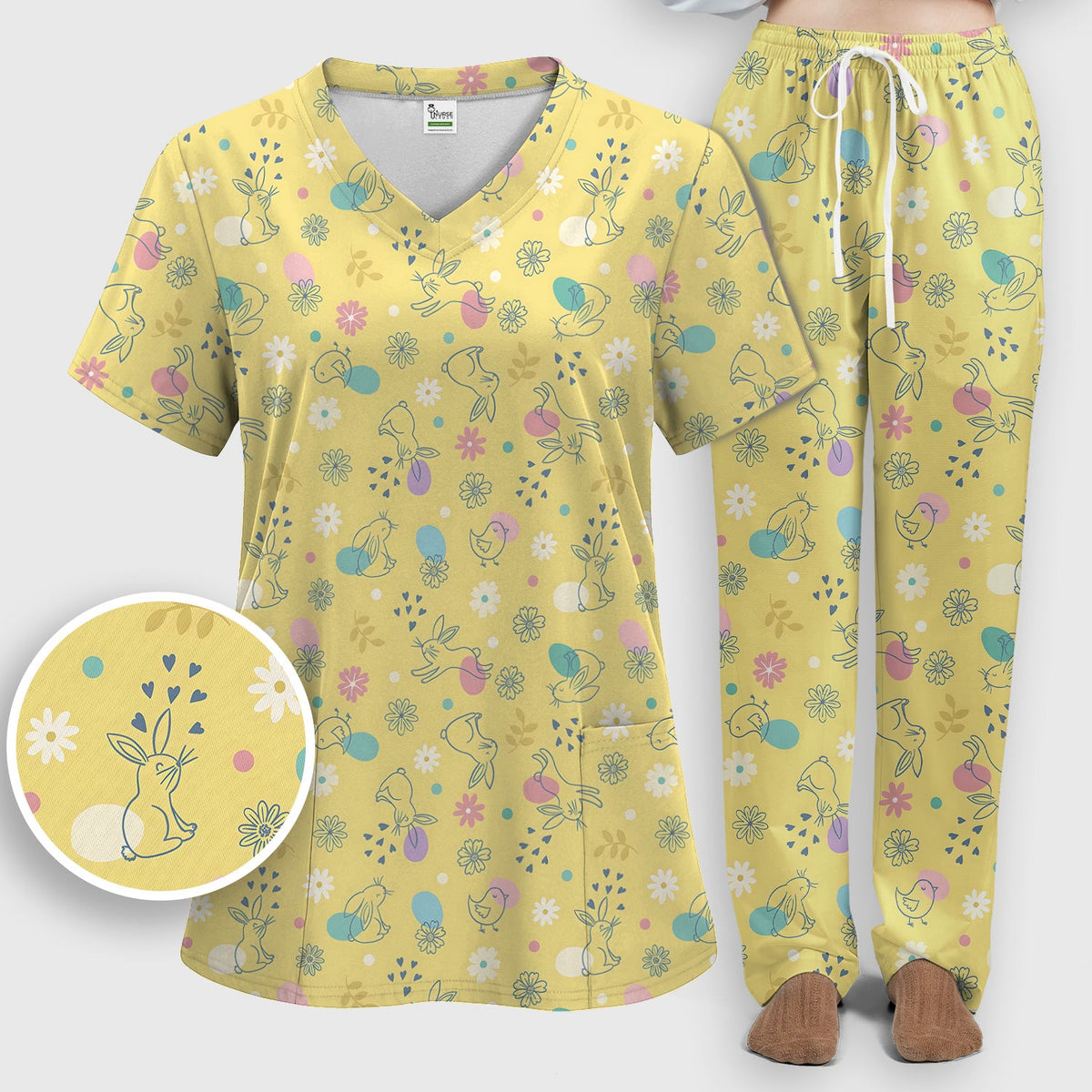 Whimsical Easter Bunny Eggs Nurse Scrub Set