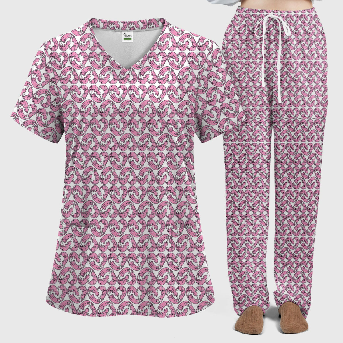Pink Cat Cartoon Nurse Scrub Set