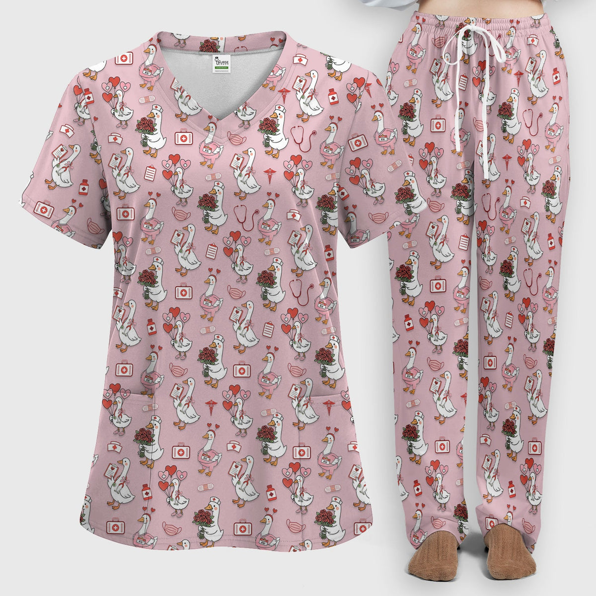 Cute Goose Nurse Medical Pattern Scrub Set, Women's Scrub Sets