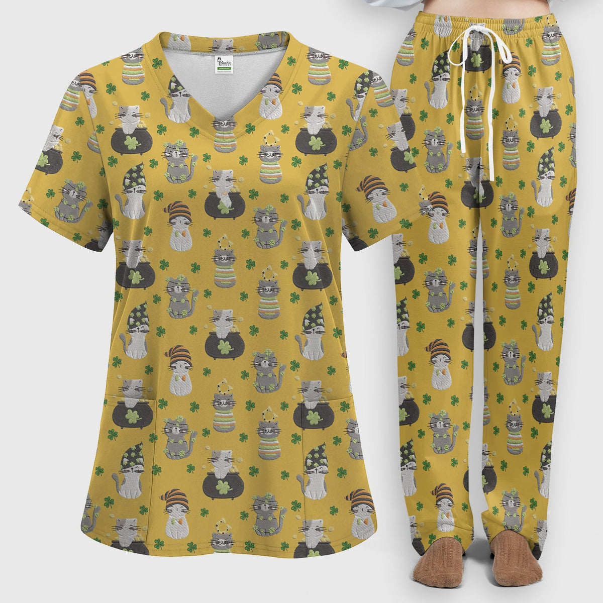St Patrick Lucky Cat Shamrock Nurse Scrub Set