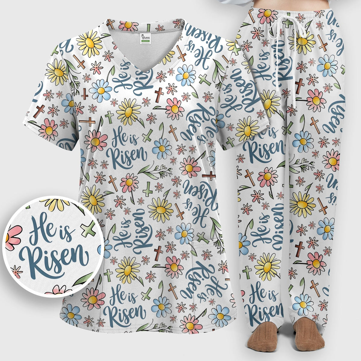 Risen Cross Flower Nurse Scrub Set - Easter Gift
