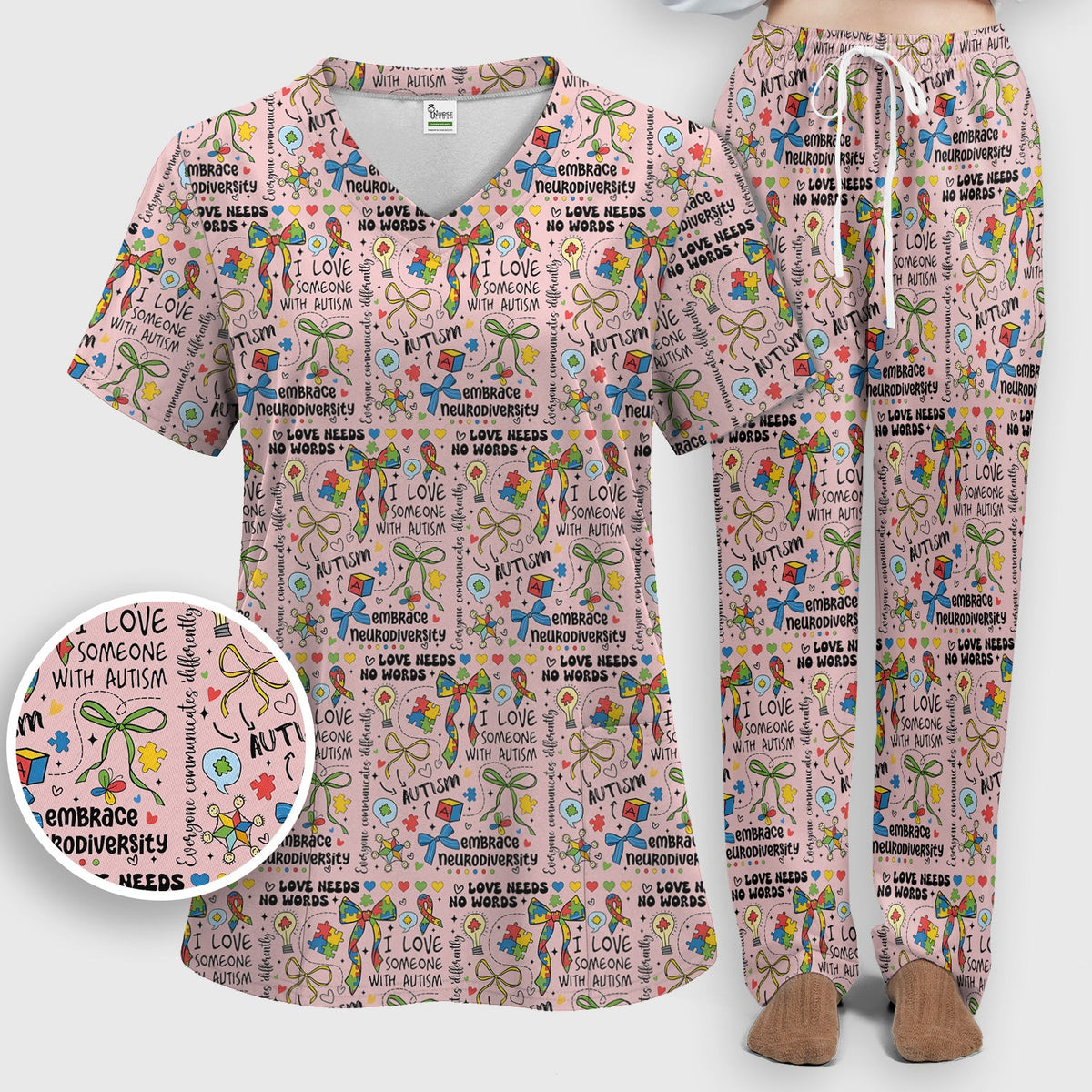 Autism Awareness Puzzle Ribbon Pastel Nurse Scrub Set