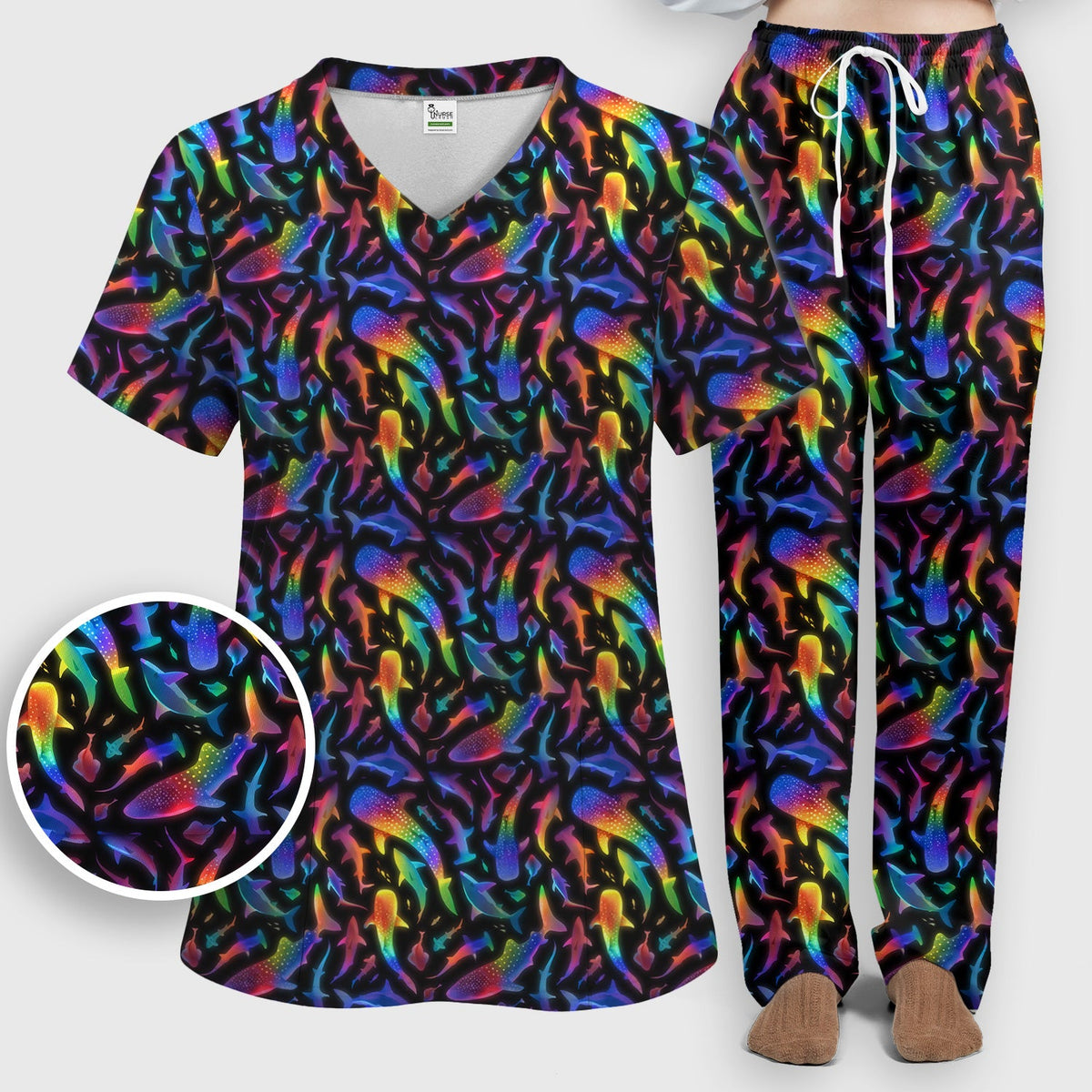 Vibrant Rainbow Shark Nurse Scrub Set