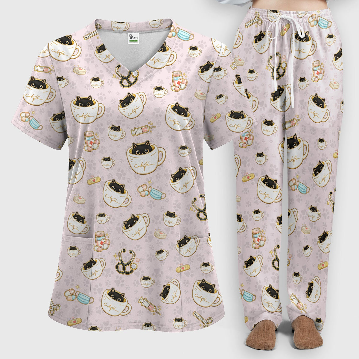 Coffee Cat Nurse Scrub Set