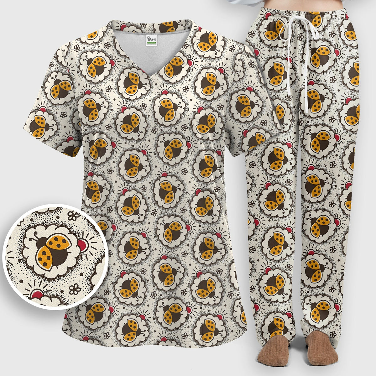 Ladybug Floral Frame Nurse Scrub Set