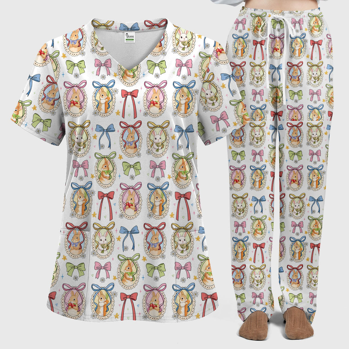 Bunny Cameo Bow Nurse Scrub Set - Easter Gift