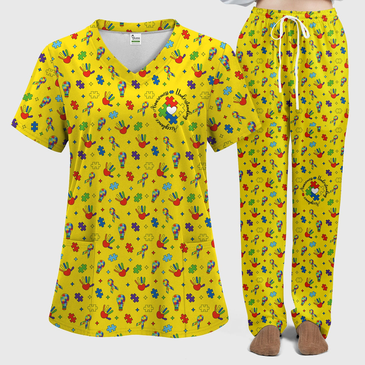 Autism Awareness Colorful Puzzle Nurse Scrub Set