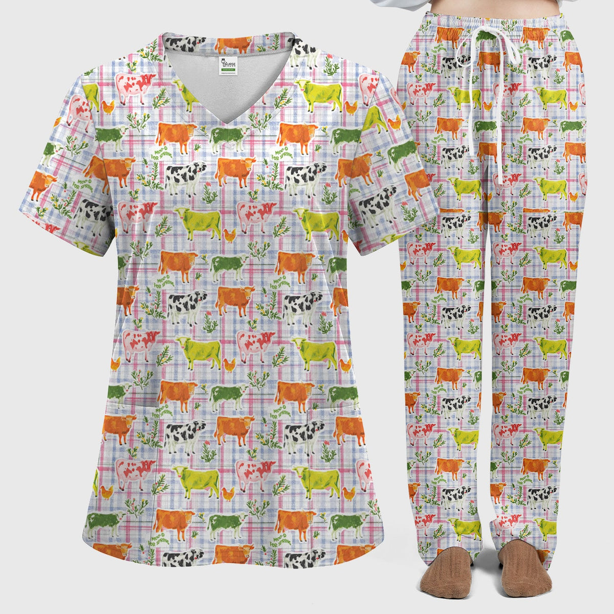 Colorful Farm Cow Plaid Nurse Scrub Set