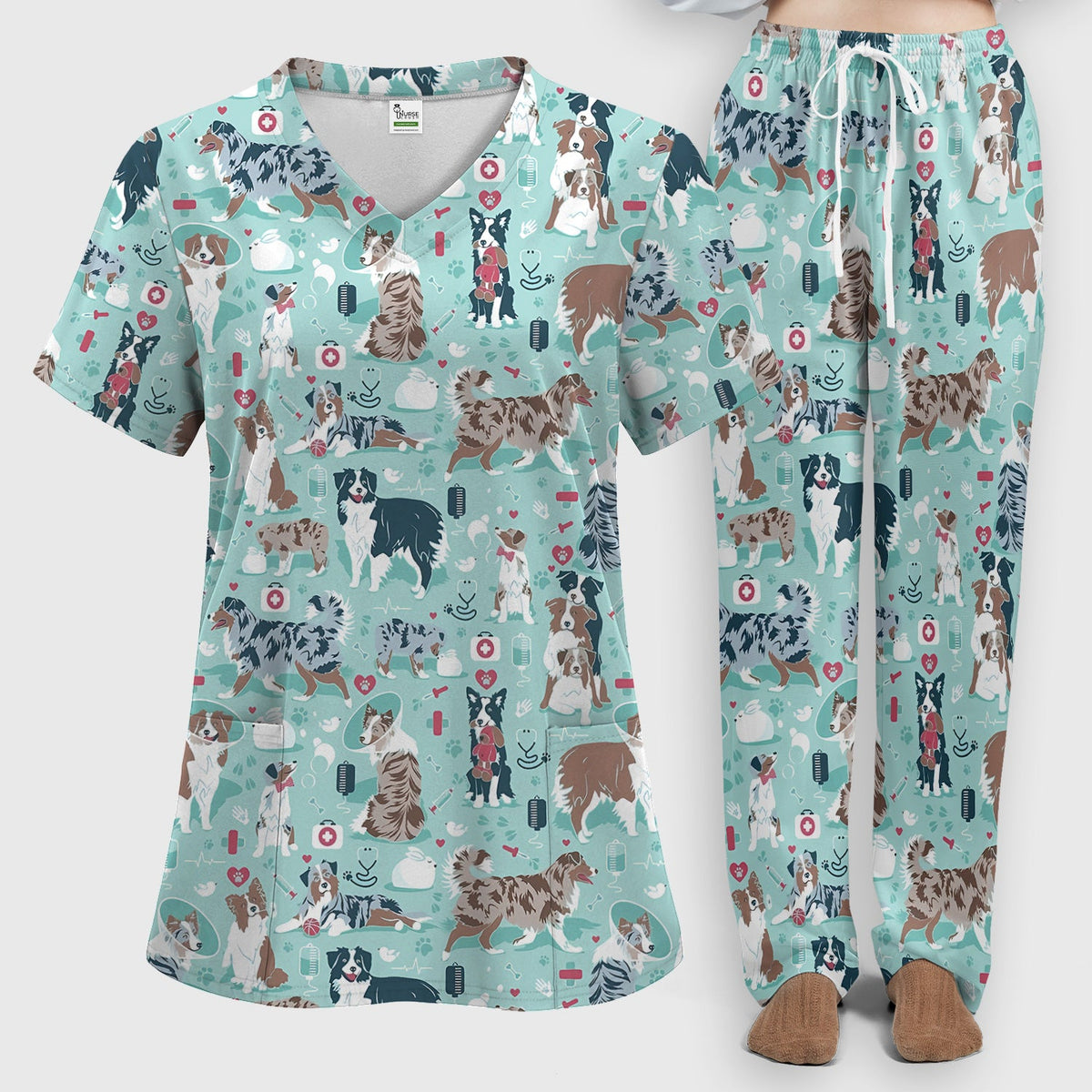 Cute Dog Pattern Women's Veterinary Scrub Set, Scrub Pants and V Neck Top