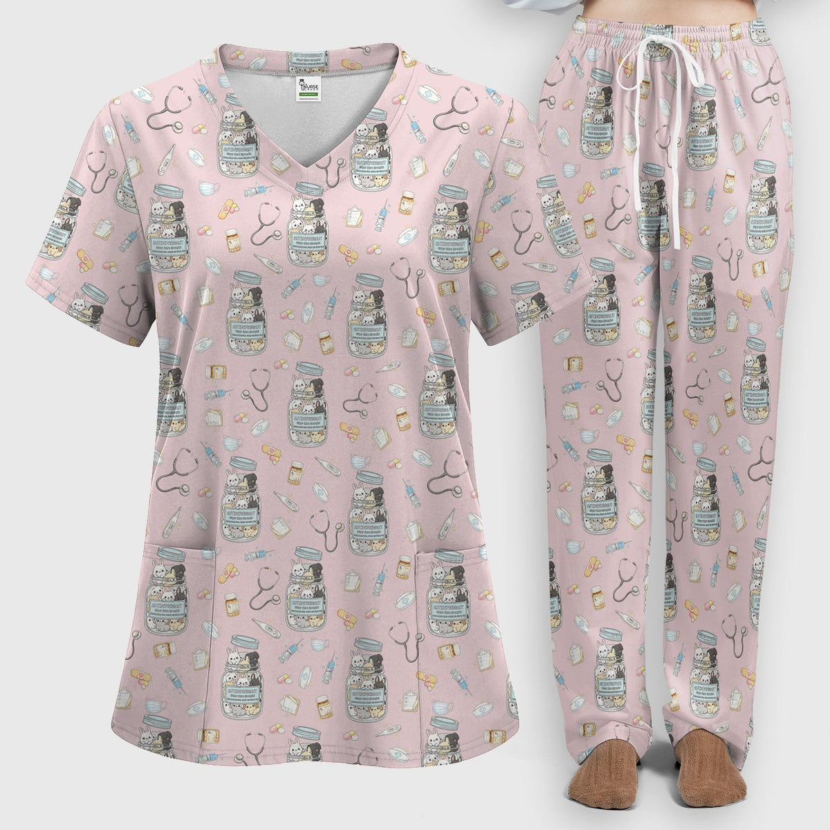 Whimsical Antidepressant Rabbit Jar Nurse Scrub Set