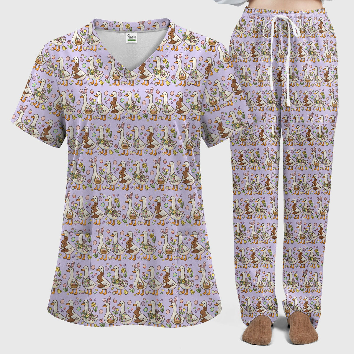 Duck Bunny Egg Floral Nurse Scrub Set - Easter Gift