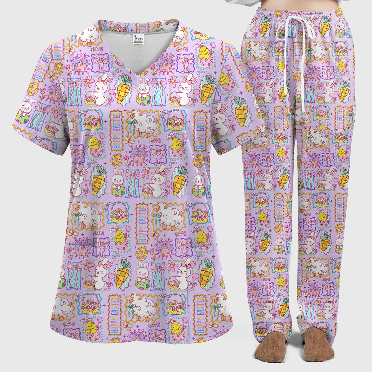 Cute Easter Bunny Egg and Bow Print Scrub Set, Scrub Pants and V Neck Top
