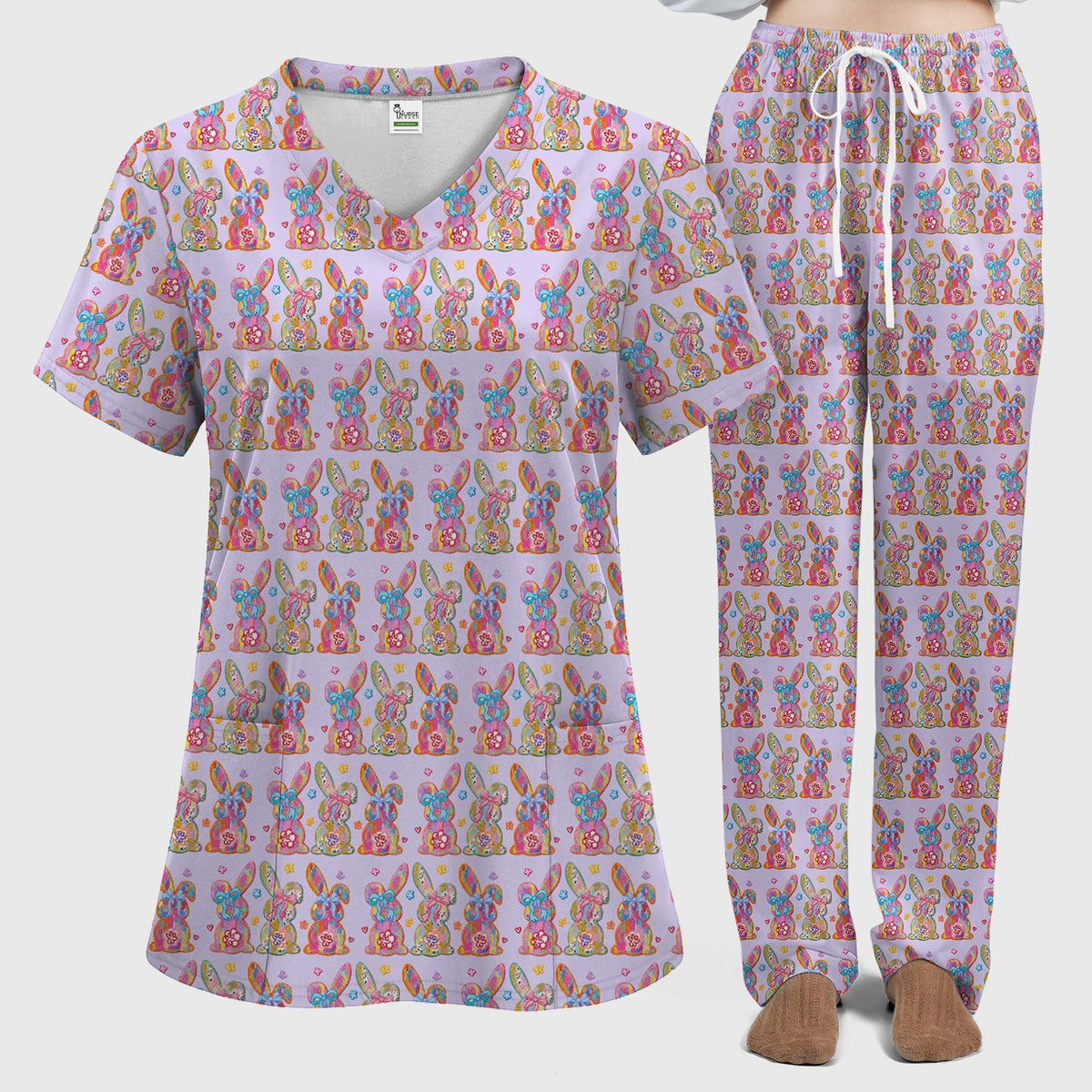 Pastel Bunny Floral Nurse Scrub Set