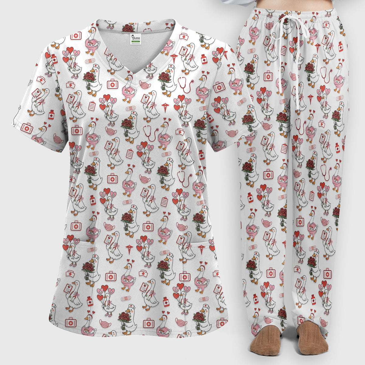 Cute Goose Nurse Medical Pattern Scrub Set, Women's Scrub Sets