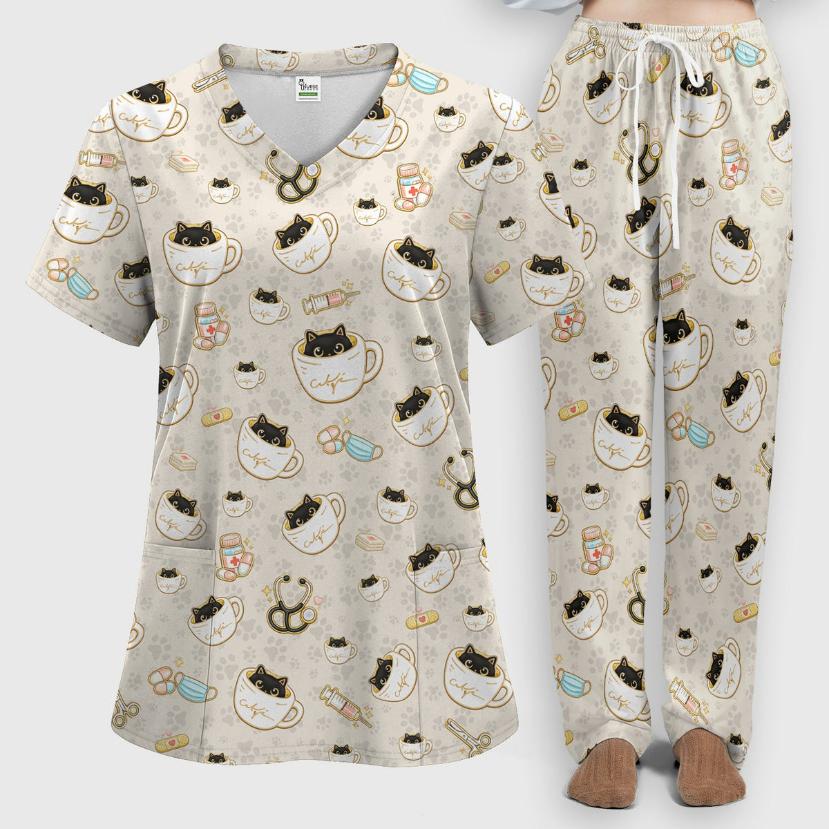 Coffee Cat Nurse Scrub Set