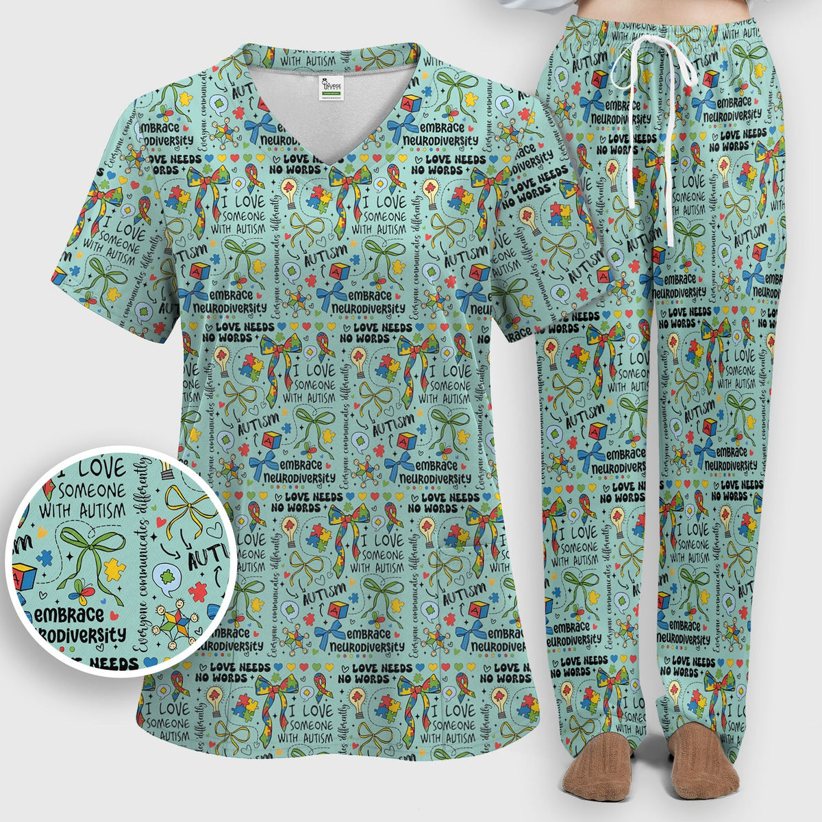 Autism Awareness Puzzle Ribbon Pastel Nurse Scrub Set