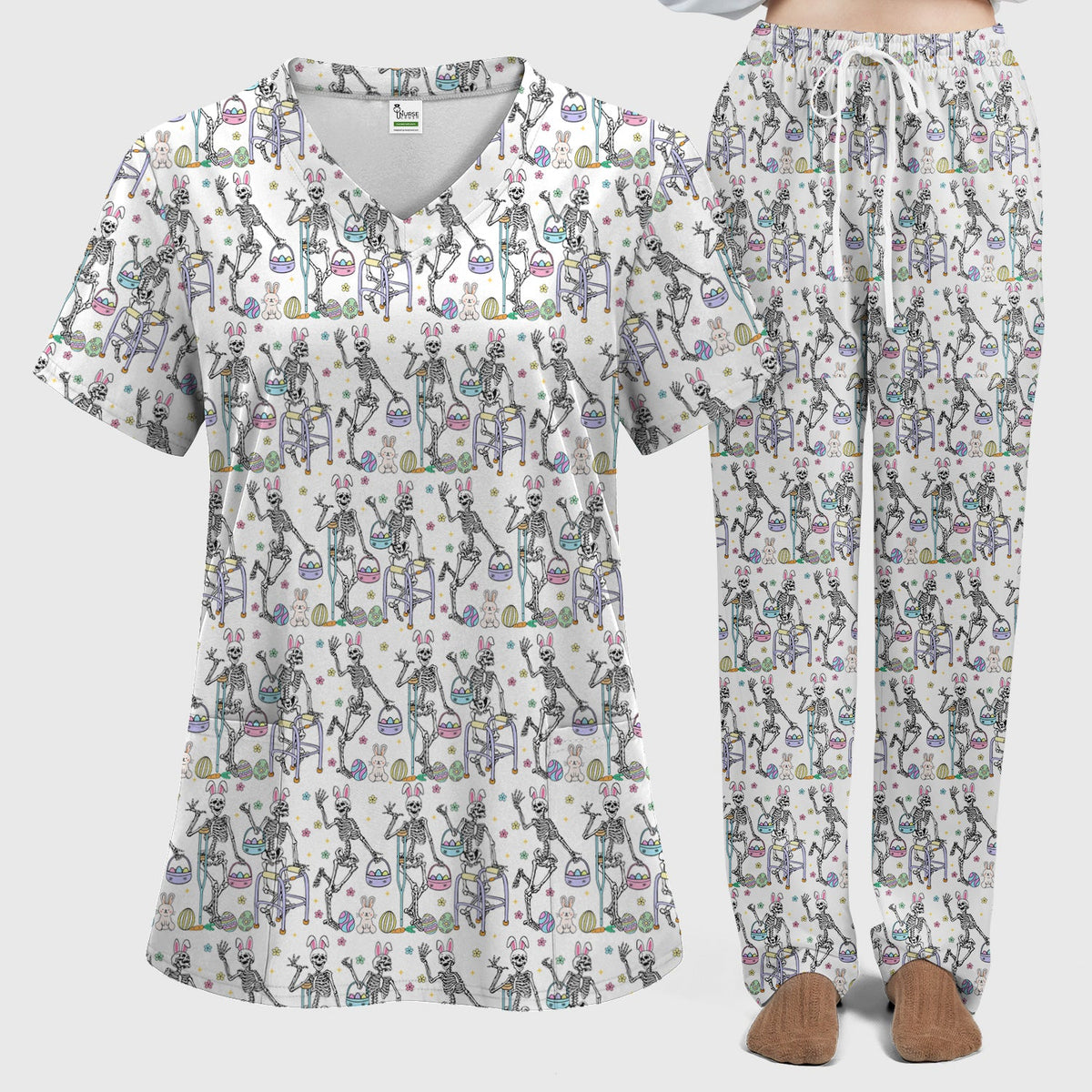 Fun Skeleton Bunny Nurse Scrub Set - Easter Gift