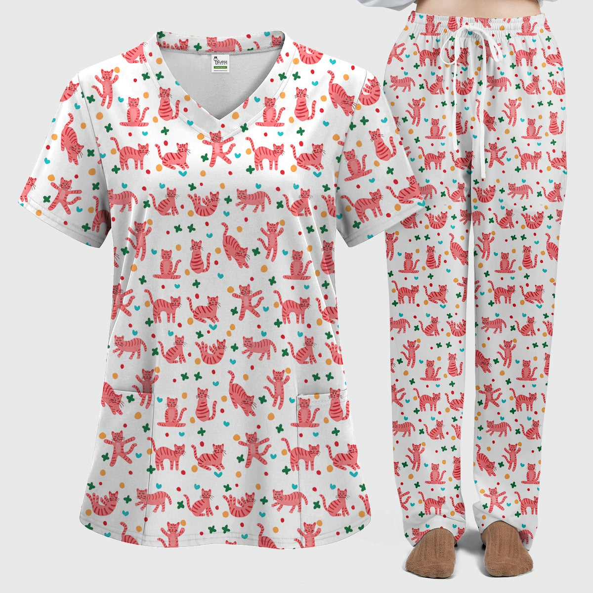 Pink Cat Nurse Scrub Set