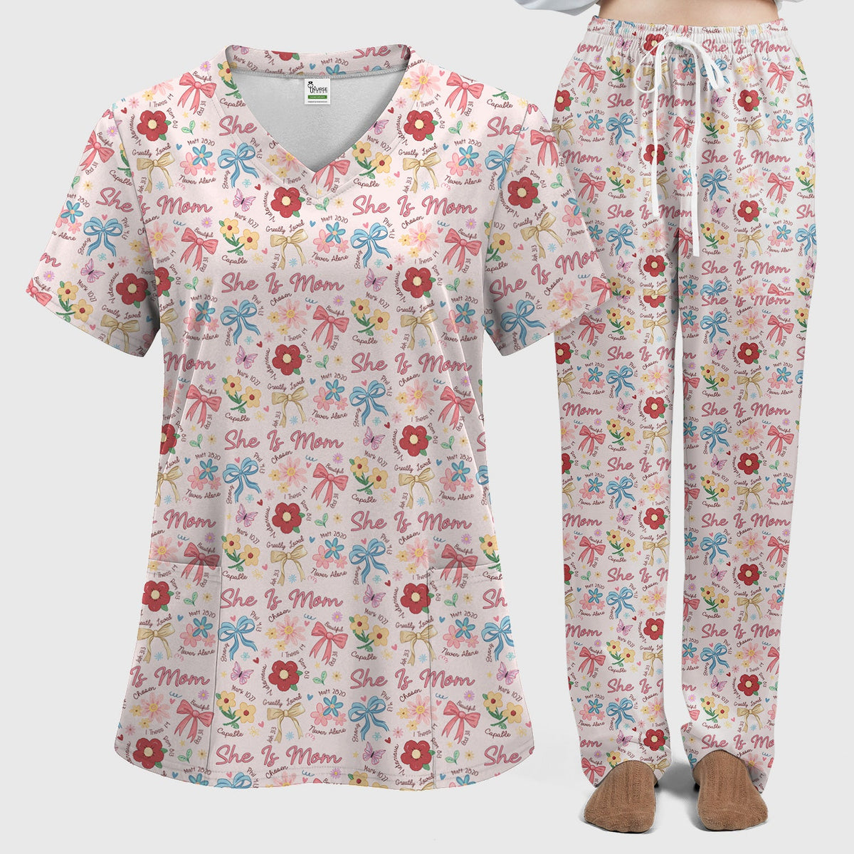She Is Mom Flower Bow Nurse Scrub Set