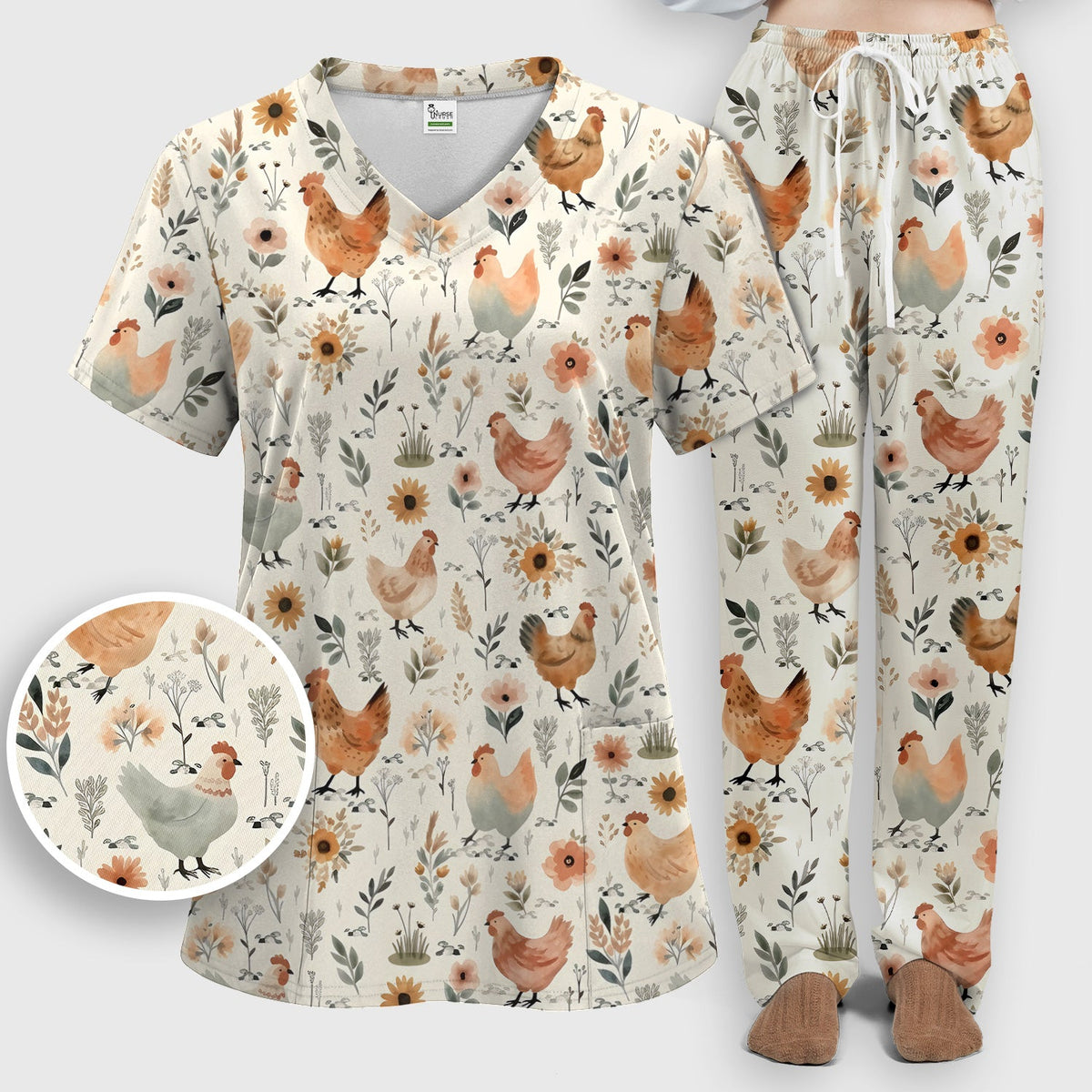 Charming Chicken Floral Farm Pattern Scrub Set, Scrub Pants and V Neck Top